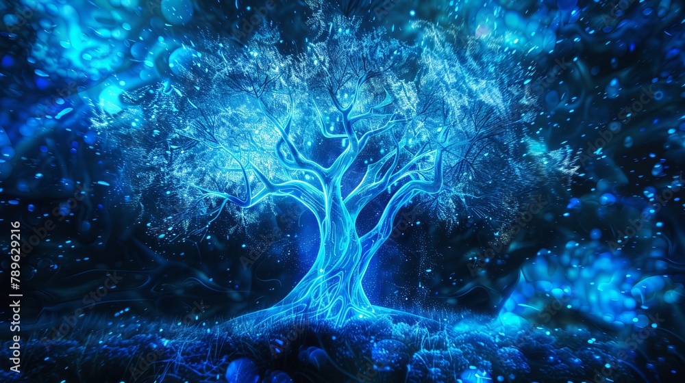 Tree of Light Bioluminescent Branches Azure Growth Luminous Nature Radiant Enlightenment Techno-Natural Fusion Creative Luminescence Eco-Technology Symbol of Wisdom Vital Energy Inspiration and Hope