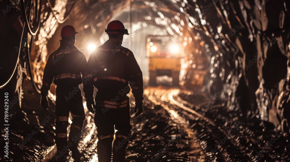 Two miners in protective gear walking towards the light at the end of a mining tunnel. Underground mining operation concept