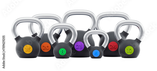 A Series of Sports Kettlebells. Raws of kettlebells with different weights intending as sports equipment for trainings or workouts. 3D rendering graphics on transparent background.