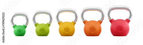 A Series of Sports Kettlebells. A raw of kettlebells with different weights intending as sports equipment for trainings or workouts. 3D rendering graphics on transparent background.