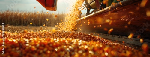 a corn auger on a combine harvester pouring corn grain into a tractor trailer, showcasing the agricultural harvest in progress.