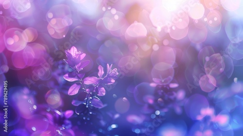 Purple flowers with water drops on bokeh background. Macro shot with copy space. Nature and spring concept for design and print