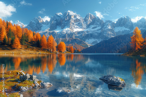 A breathtaking autumn landscape of the Dolomites in Italy, with snowcapped peaks reflecting on braies lake. Created with Ai