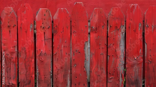 Close-up of a red wooden fence with peeling paint texture. Background and texture concept for design and print