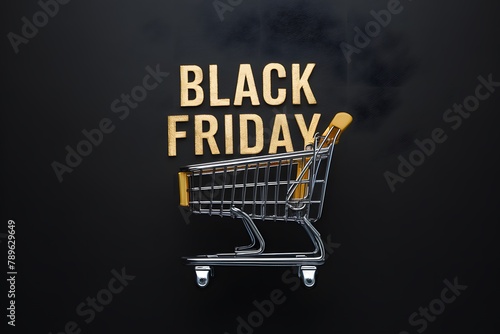 Golden shopping cart on dark background, Black Friday concept