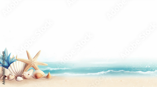 minimal illustration for Summer event banner  A cool  jade-colored beach  vibrant colors  crystal sand  Seashells  five-legged starfish on the white sandy beach  sand sparkling like crystal