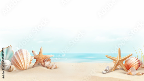 minimal illustration for Summer event banner, A cool, jade-colored beach, vibrant colors, crystal sand, Seashells, five-legged starfish on the white sandy beach, sand sparkling like crystal