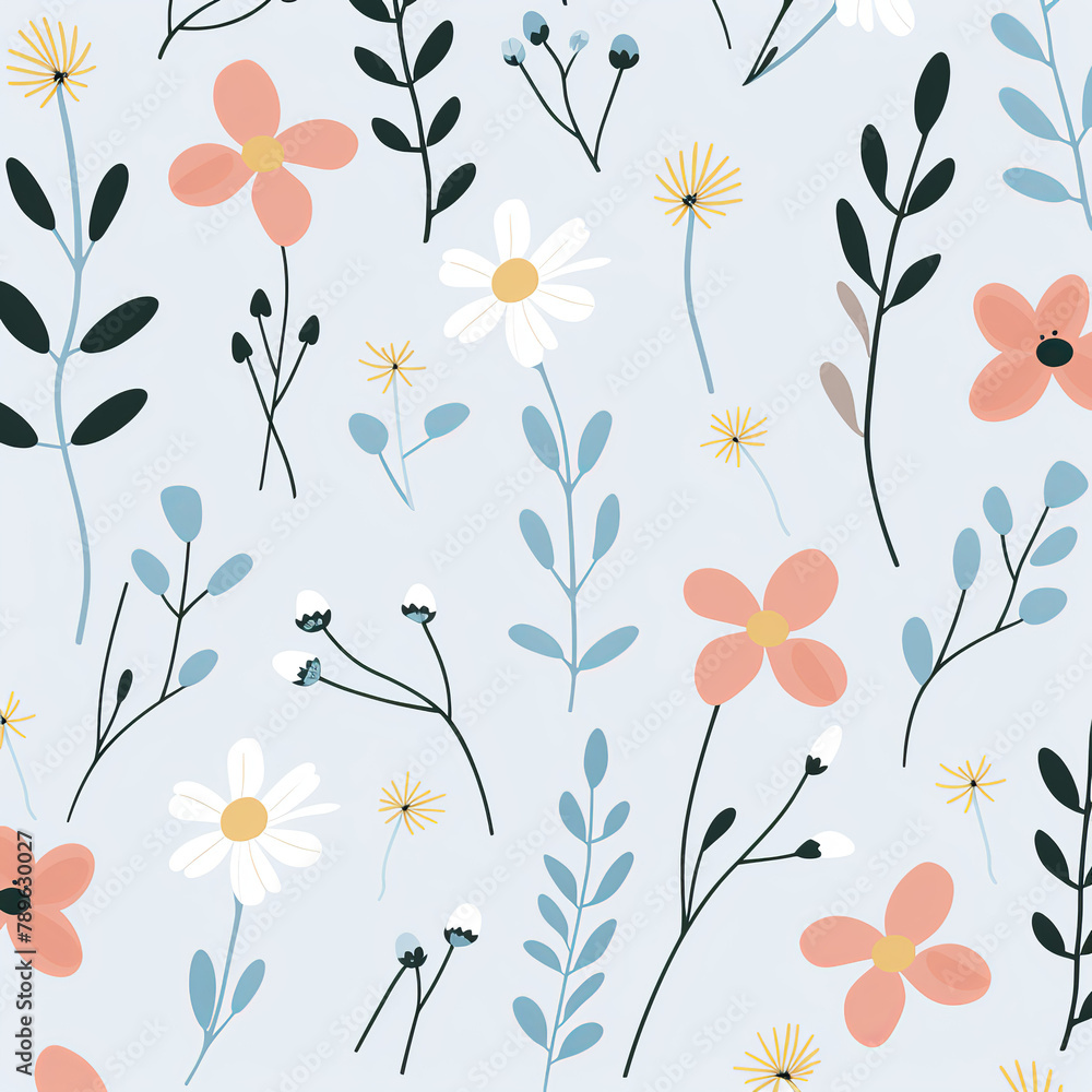 Colorful Floral Pattern. Seamless pattern of colorful flowers and leaves on a light background.