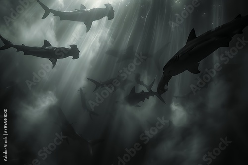 A school of hammerhead sharks cruising silently through the depths. photo