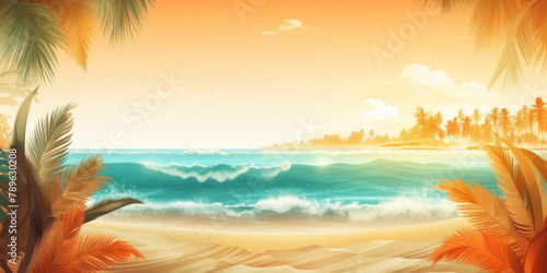 Summer Banner - Sunny Sand With Palm Leaves In Tropical Beach