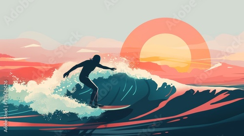 Illustrated Surfer Riding a Wave at Sunset. Surfing and summer lifestyle concept. Design for travel poster, adventure, and beach culture