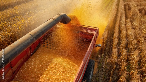 a corn auger on a combine harvester pouring corn grain into a tractor trailer, showcasing the agricultural harvest in progress.