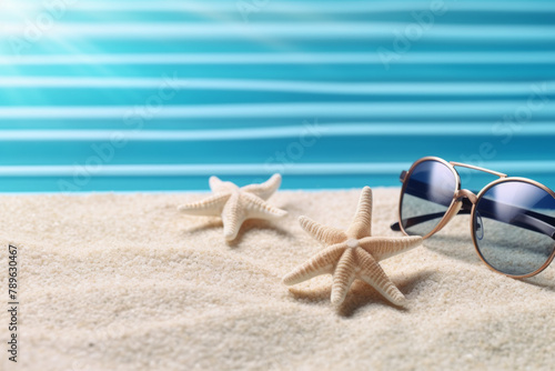 Frame from seashell starfish and beach sand on blue wooden background. Summer holiday banner. Sunglasses in center.