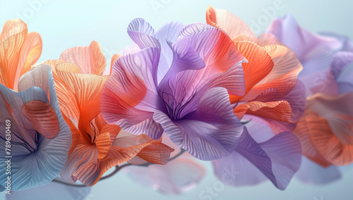 A photo of several beautiful large pastel colored paper flowers  on a white background. Created with Ai