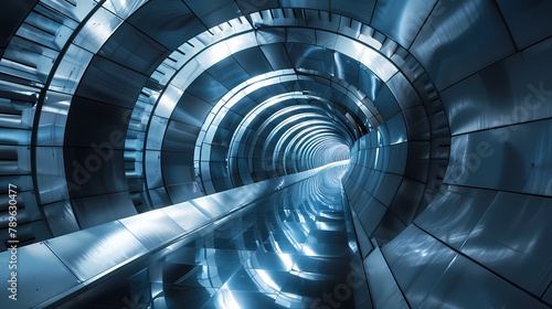Futuristic Tunnel With Reflective Metallic Surfaces and Blue Lighting