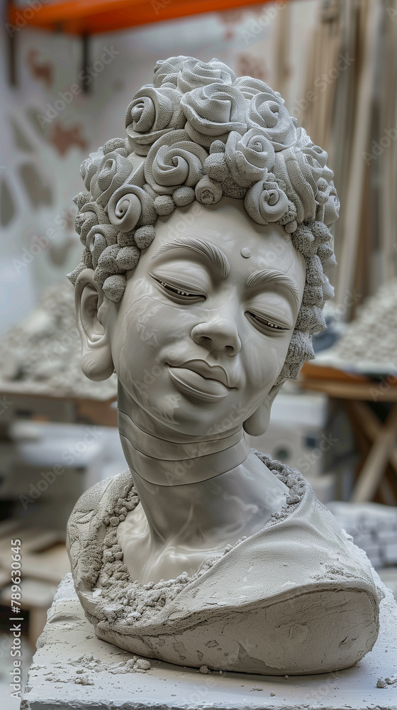 A detailed clay bust of a woman with a serene expression and intricately sculpted hair rests on a workbench in an artists studio