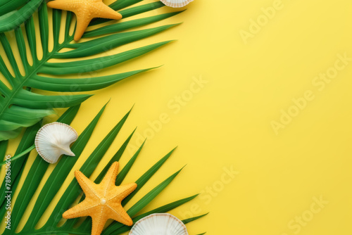 Frame from seashell starfish with green palm leaf, slice orange Summer holiday banner. 
