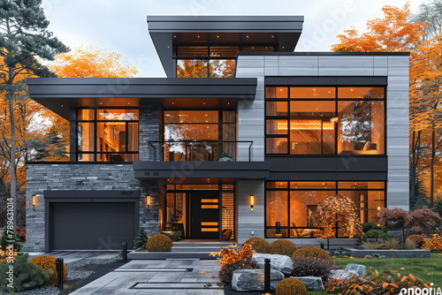 A stunning modern home in the style of A46, featuring two stories and large windows that showcase colorful fall foliage outside. Created with Ai photo