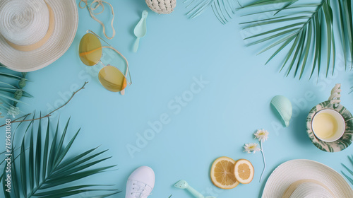 Beach Accessories On Blue Plank - Summer Holiday Banner