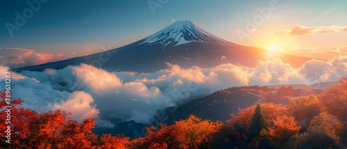 Dawn's Serenity at Mount Fuji. Concept Nature Photography, Sunrise Views, Peaceful Landscapes, Mount Fuji Majesty, Serene Dawn Atmosphere