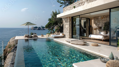 A modern villa with a swimming pool on top of Cimena in Sardinia, overlooking an isolated bay and cliffs. The house has large windows offering panoramic views over water. Created with Ai  photo