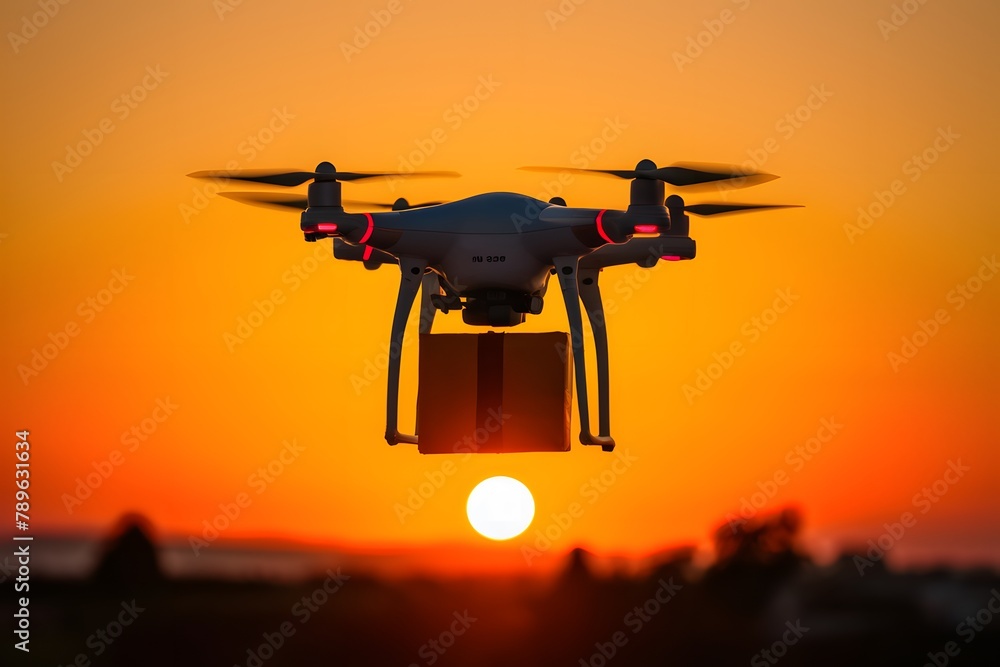 ImageStock Drone delivers package against sunset backdrop, creating striking contrast ImageStock Drone delivers package against sunset backdrop, creating striking contrast
