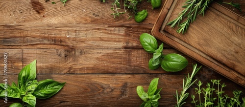 Top view of a wooden table with a cutting board and fresh garden herbs, with space for text.
