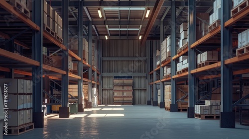 Wallpaper Mural a warehouse with neatly stacked boxes in sturdy racks, highlighting the orderly arrangement and spacious layout. Torontodigital.ca