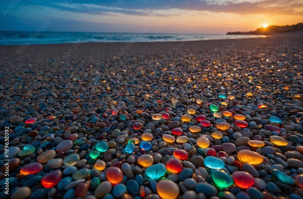 Obraz premium sunset on the beach - glowing beach glass pebbles