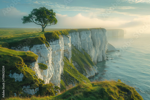 A stunning cliffside view with white cliffs  lush green grass and an isolated tree on the edge overlooking calm blue waters  a sunny day with light clouds in the sky. Created with Ai