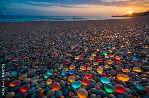 sunset on the beach - glowing beach glass pebbles