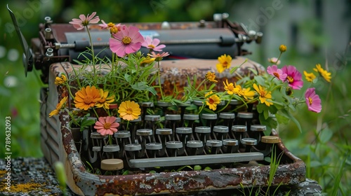 Vintage typewriter with colorful wildflowers sprouting from keys, nature reclaiming technology, or inspiration blooming from the past #789632093