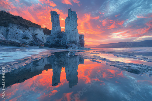 A stunning photograph of the Chcardskaya S Kulak, resembling three towering ice pillars rising from an icy beach on Lake Baikal at sunset. Created with Ai photo