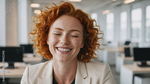 Portrait of a laughing ginger businesswoman with freckles and closed eyes in modern white office, short red curly hair, copy space, design template, dynamic angle photo