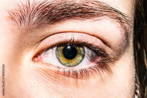 Girl's eye close-up, natural. Dilated pupil. Green iris.