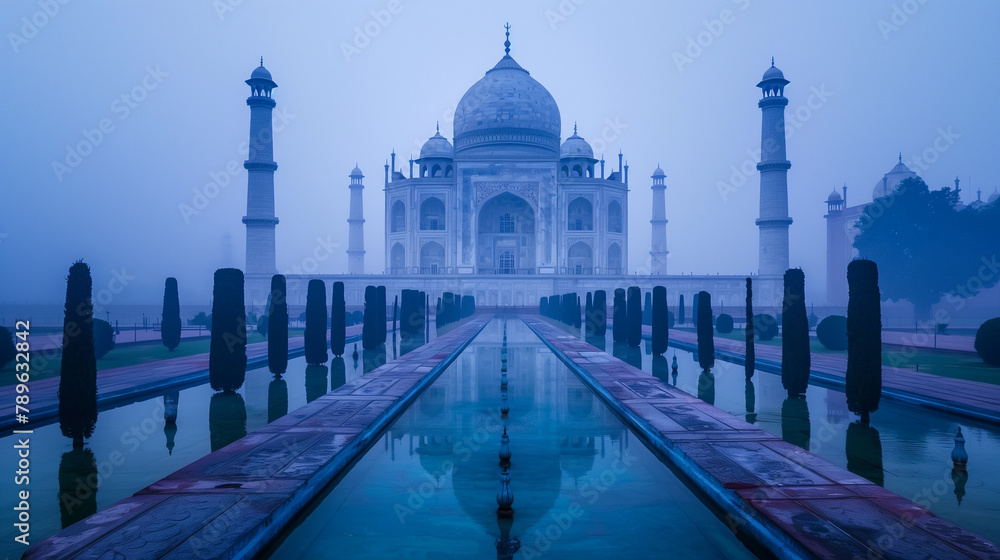 Fototapeta premium Early morning light illuminates a deserted Taj Mahal with its reflection in the water, offering a peaceful scene