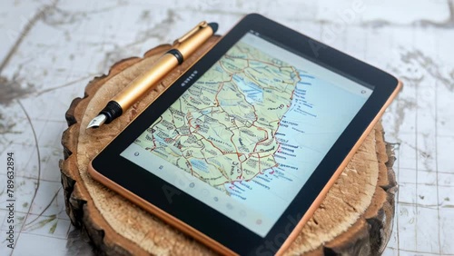 A tablet with a map and a pen next to it.