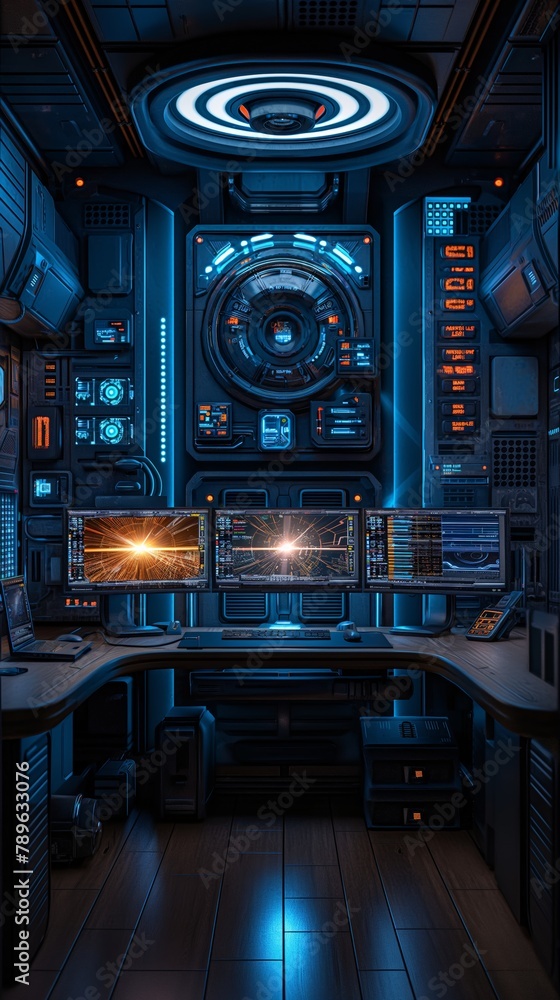 Vertical Sci-Fi Monitoring Station with Blue Neon Stock Photo | Adobe Stock