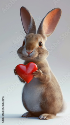 Adorable 3D bunny with red heart. Valentine's Day, Easter bunny. illustration for celebrations