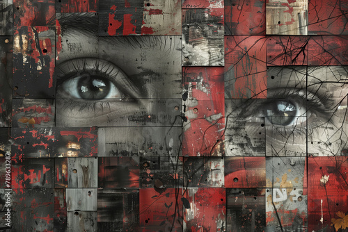 Portrait of a scared girl with a painted face Contemporary art collage Abstract design