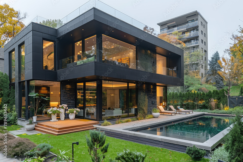 A black modern house with a pool, glass windows and lots of greenery in the courtyard and garden in the background. Created with Ai