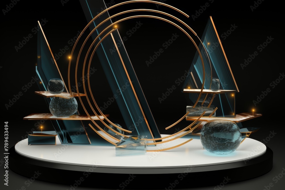 geometric high-tech 3D background with glass and wooden elements in white, gold, turquoise, black colors