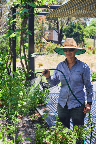 Gardener looking int o camera whilst watering kitchen garden photo