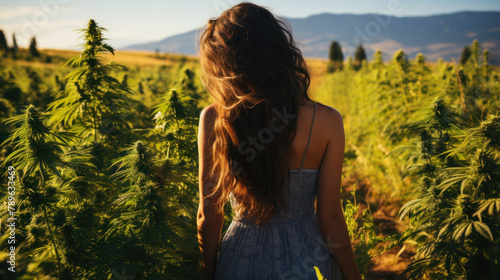 Woman Amidst Lush Cannabis Field at Sunset. Gnerative ai.