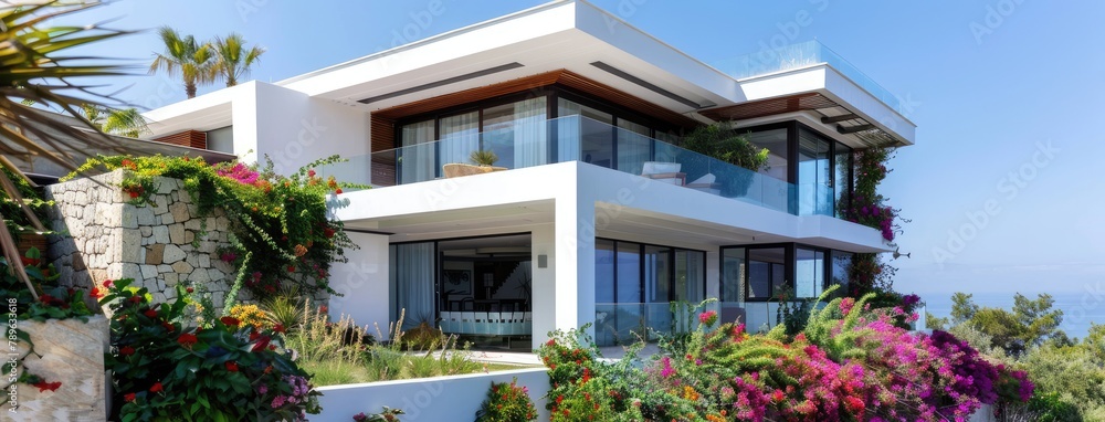 Fototapeta premium a house, blending traditional architecture with modern accents, set against a backdrop of neutral colors with a touch of red, in a suburban area on a sunny day.