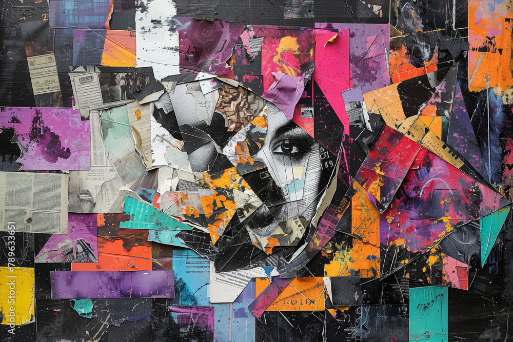 Fototapeta premium Portrait of a woman with a painted face Contemporary art collage Abstract design