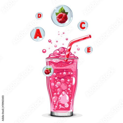 Healthy pink raspberries oxygen cocktail with air bubbles. Isolated vector summer drink for design