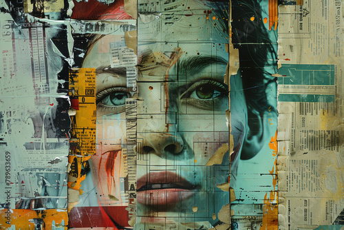 Portrait of a woman with a painted face, Contemporary art collage, Abstract design