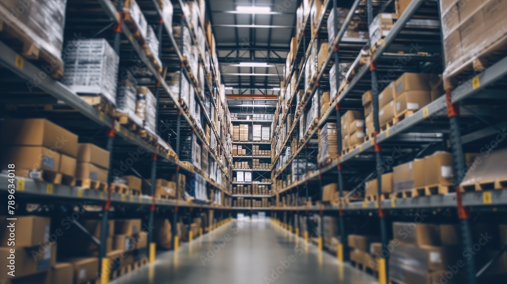 a warehouse with neatly stacked boxes in sturdy racks, highlighting the orderly arrangement and spacious layout.