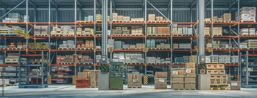 a warehouse with neatly stacked boxes in sturdy racks, highlighting the orderly arrangement and spacious layout. a warehouse with neatly stacked boxes in sturdy racks, highlighting the orderly arrangement and spacious layout.